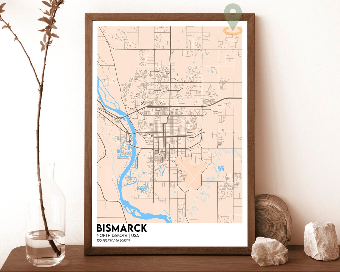 Bismarck North Dakota Navy Gold Street Map River Decor Poster - Image 4