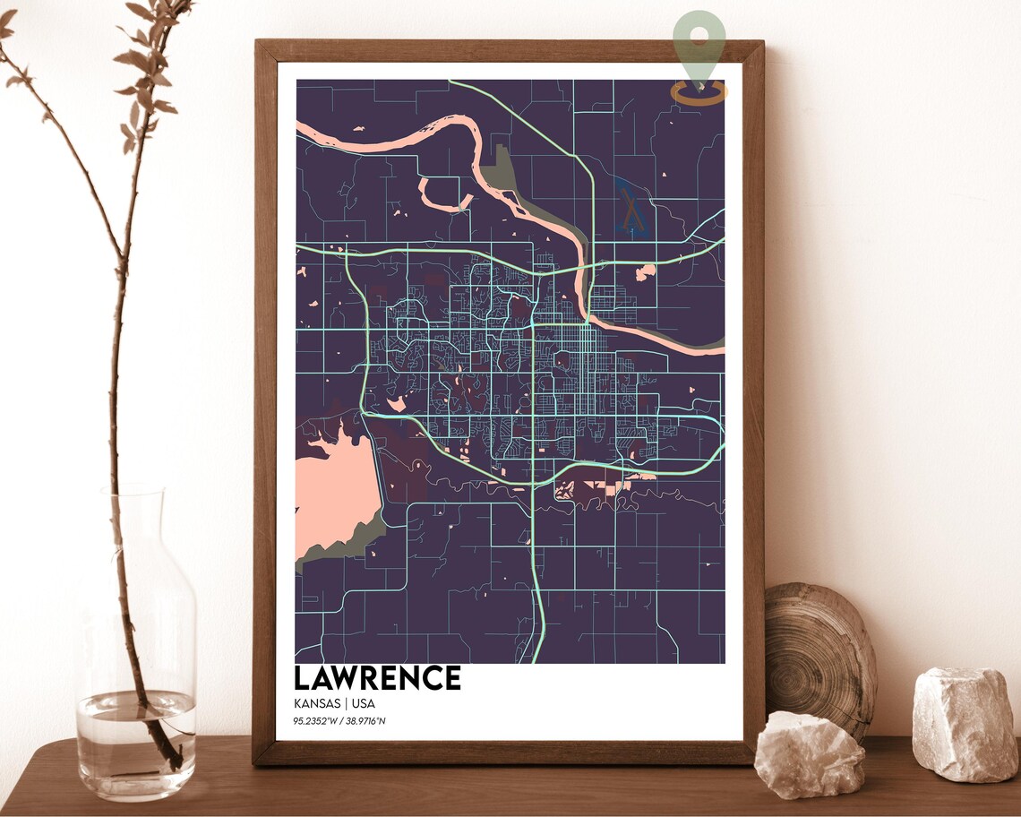 Lawrence Kansas City Map Dark Modern Minimalist Street Poster - Image 2