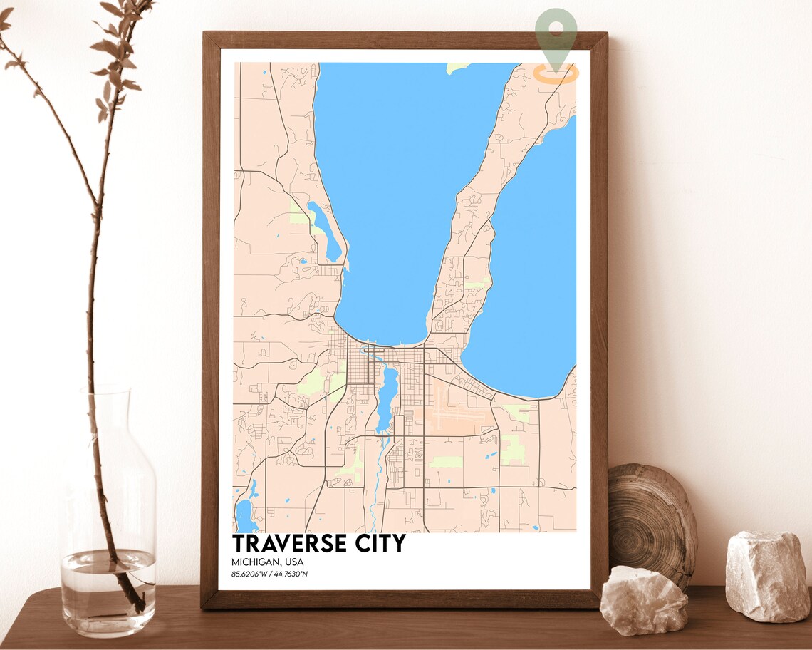 Traverse City Michigan Pink And Navy Street Map Modern City Art Poster - Image 5