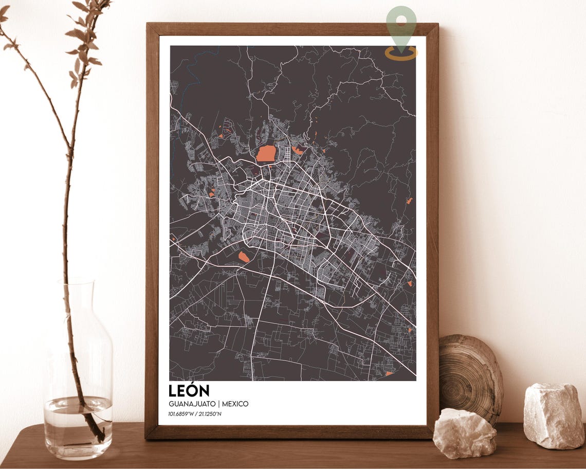 Leon Guanajuato Mexico Deep Red Bold City Map Framed Decor Poster - Image 4