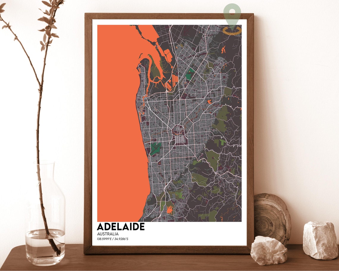 Adelaide Australia Dark City Map Burnt Orange Gulf Coast Poster