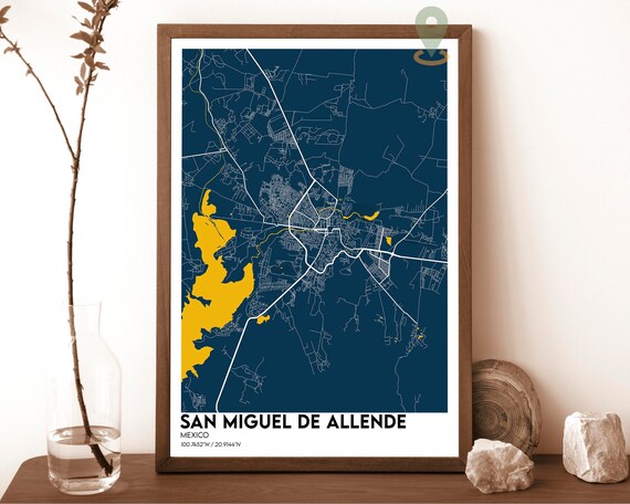 San Miguel de Allende Mexico City Map Poster Navy Gold Design