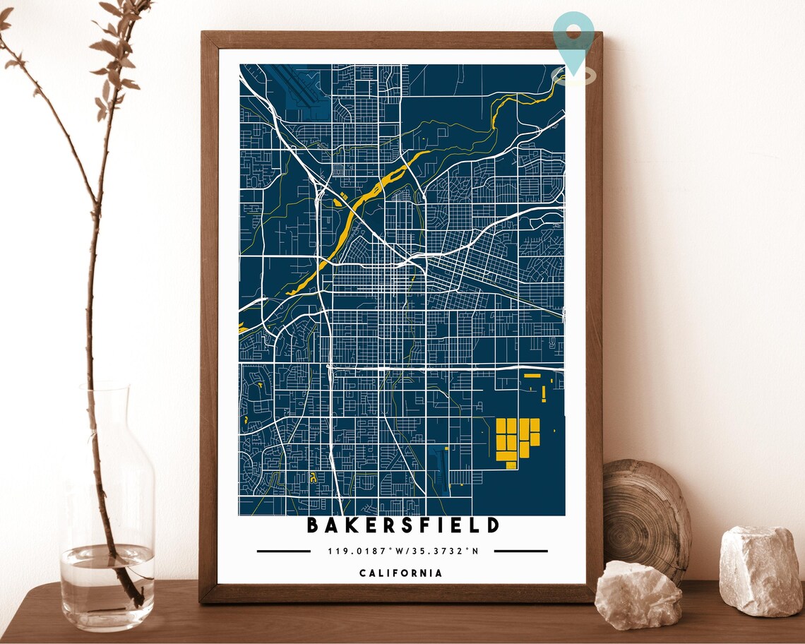 Bakersfield California charcoal with orange highlights Street Map Coordinates Poster - Image 6