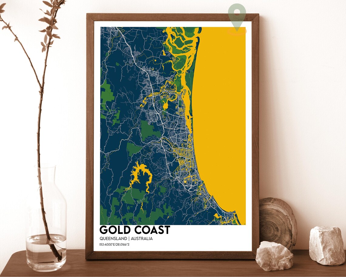 Gold Coast Queensland Australia Golden Navy City Map Home Decor Poster
