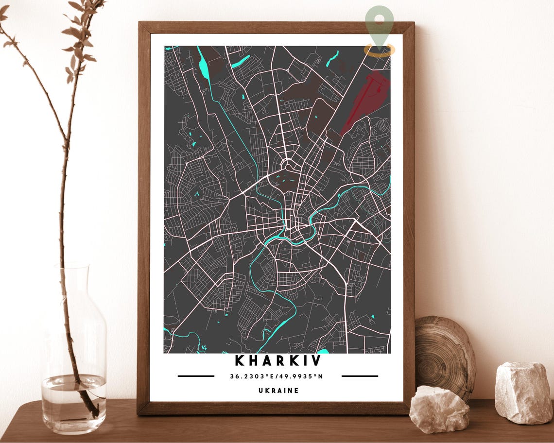 Kharkiv Ukraine City Street Map Teal Yellow Poster Wall Decor - Image 4