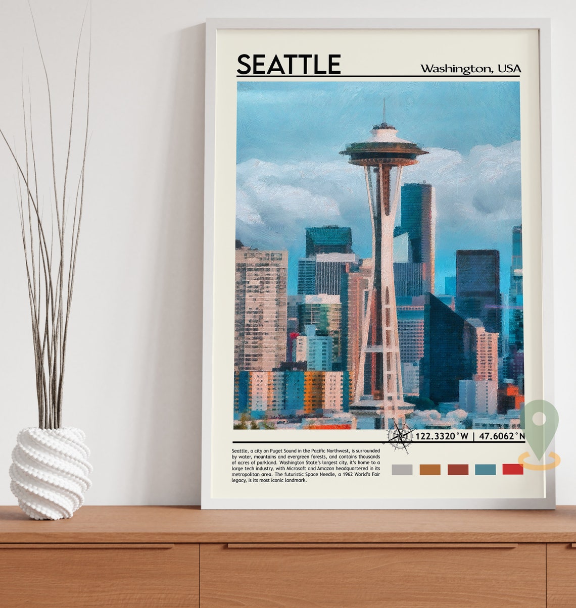Seattle Washington Space Needle Painted Skyline Travel Poster - Image 3