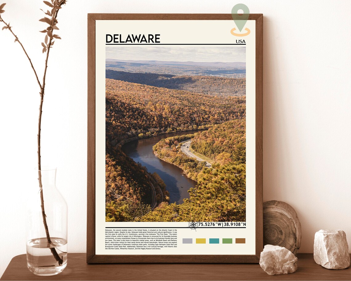 Delaware USA Autumn River Valley Fall Foliage Nature Travel Poster