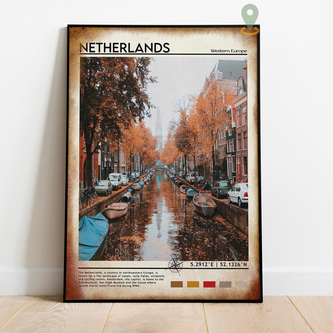 Netherlands Autumn Canal Boat Scene Vintage Travel Art Poster - Image 2