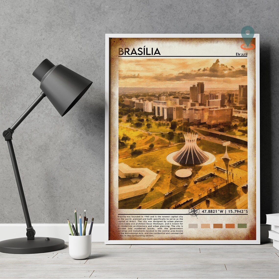 Brasilia Brazil Modernist Cathedral City Aerial Painting Poster - Image 4