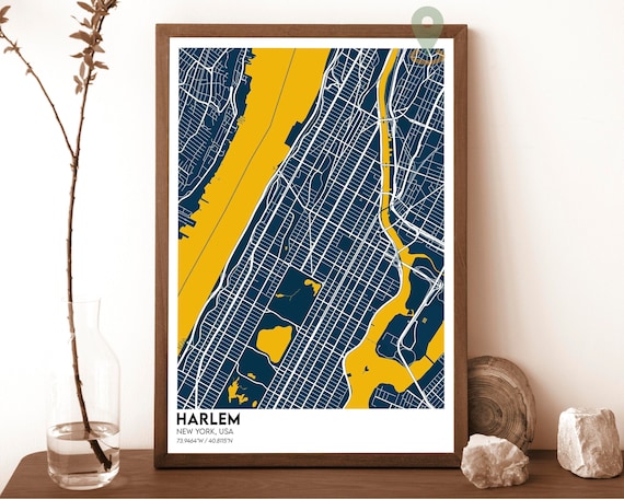 Harlem New York City Map Navy Gold Street Grid Travel Poster