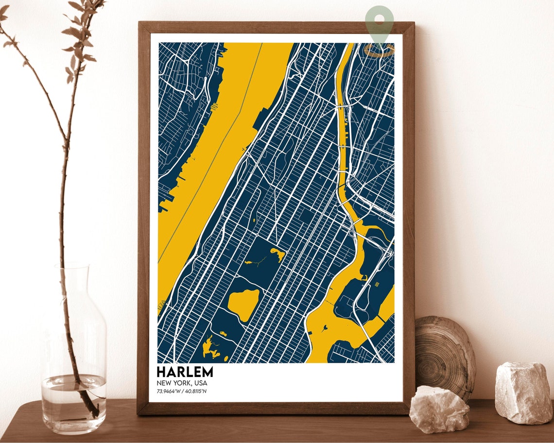Harlem New York City Map Navy Gold Street Grid Travel Poster
