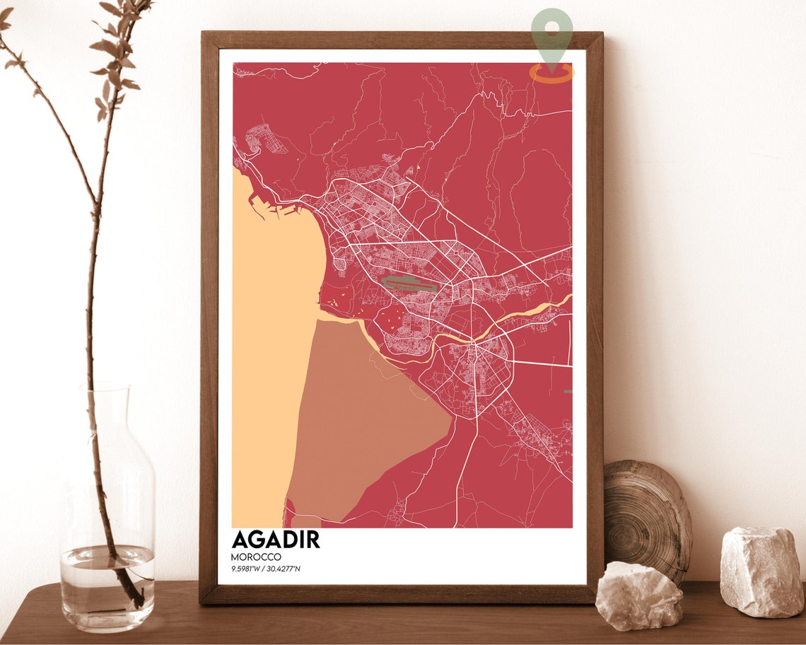 Agadir Morocco Navy Blue Yellow Minimalist City Map Wall Art - Image 4