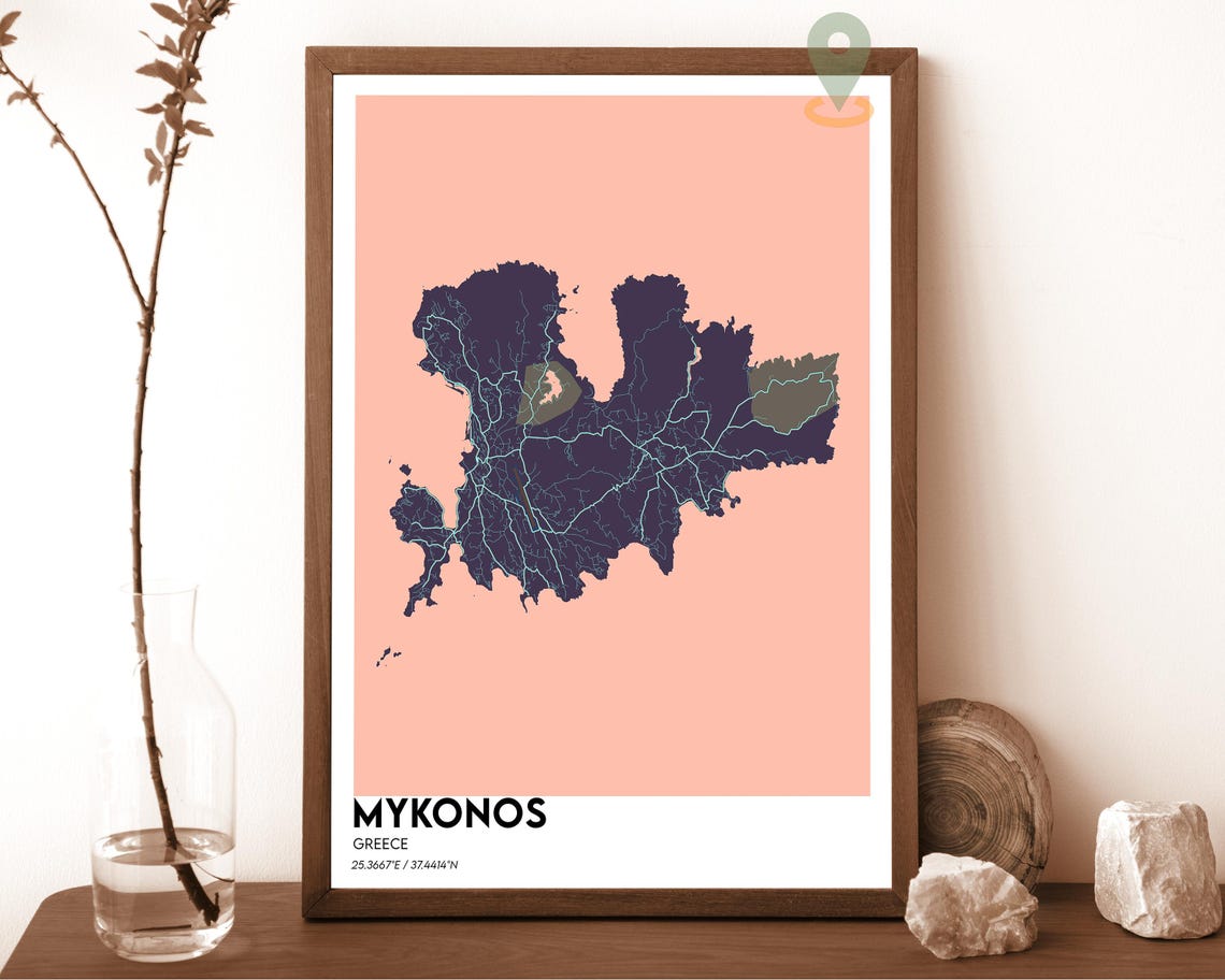 Mykonos Greece Aegean Island Bold Minimalist Mustard Yellow Map Poster - Image 4