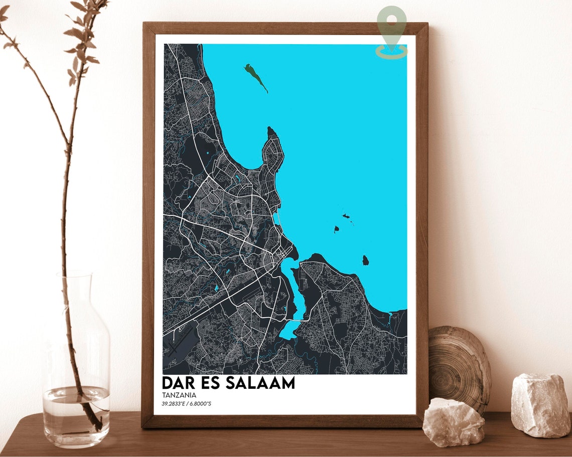 Dar es Salaam Tanzania Teal Street Map Art Print for Modern Wall Decor