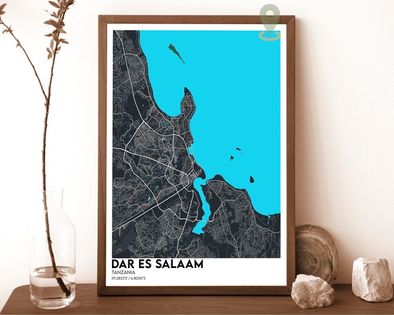 Dar es Salaam Tanzania Teal Street Map Art Print for Modern Wall Decor