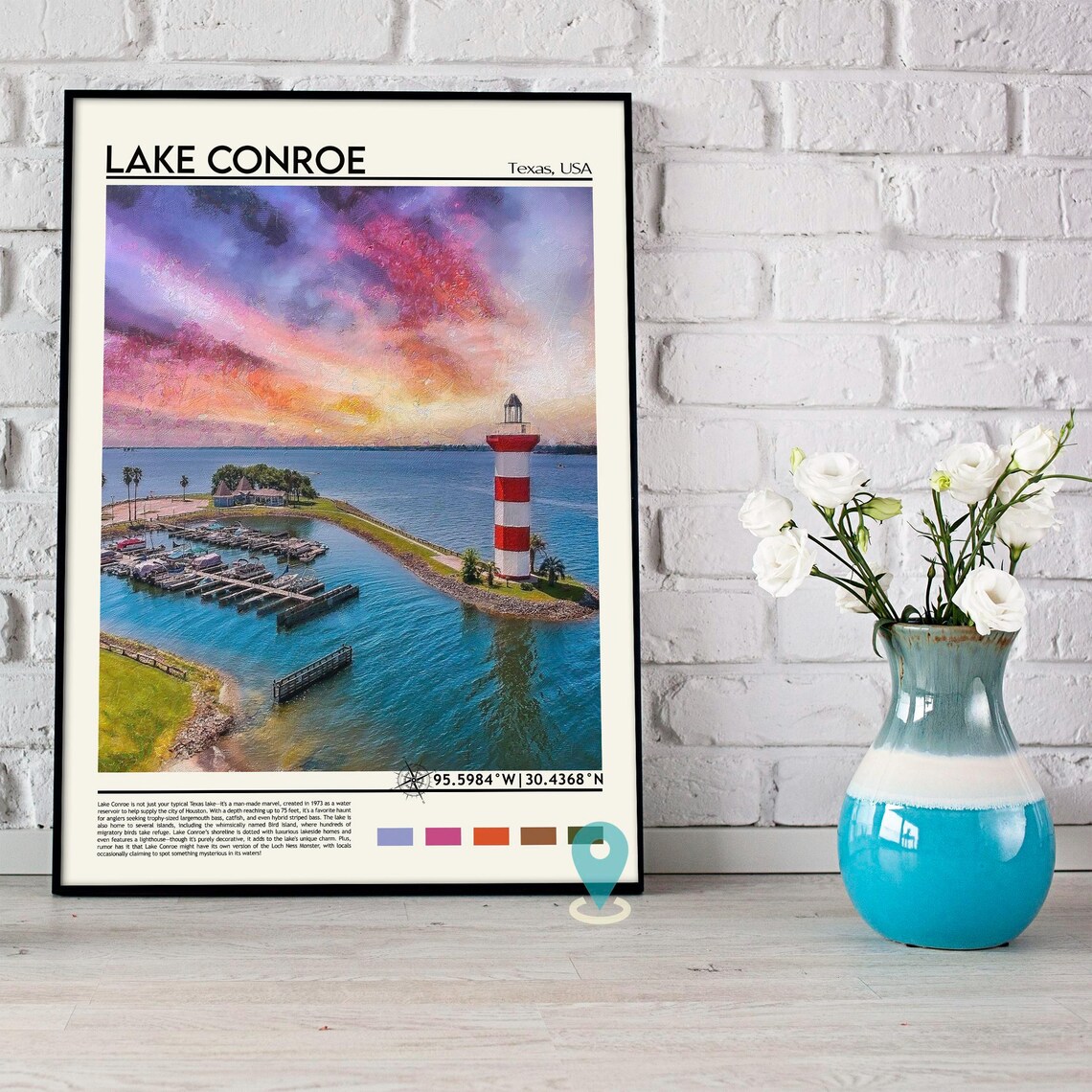 Lake Conroe Texas Sunset Marina Lighthouse Oil Painting Travel Poster - Image 5