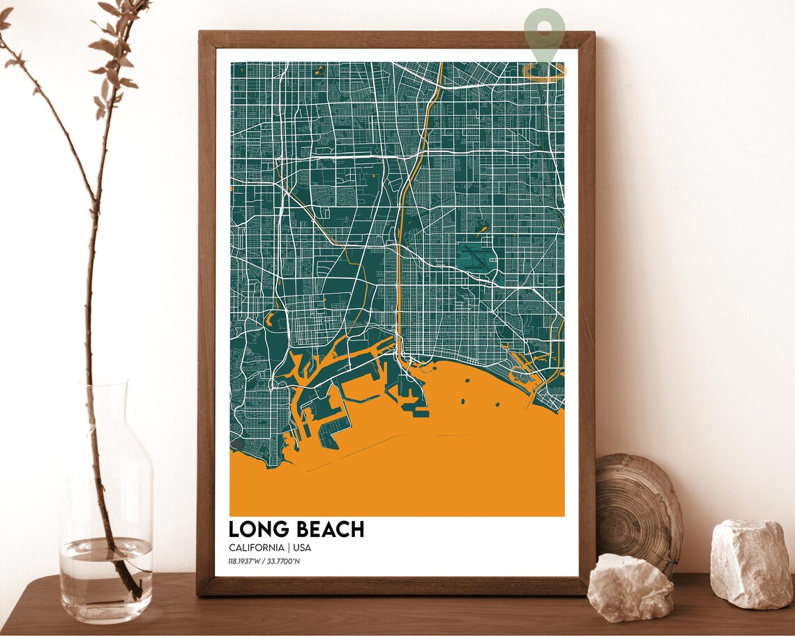 Long Beach California Navy Mustard City Street Map Coastal Art Poster - Image 5