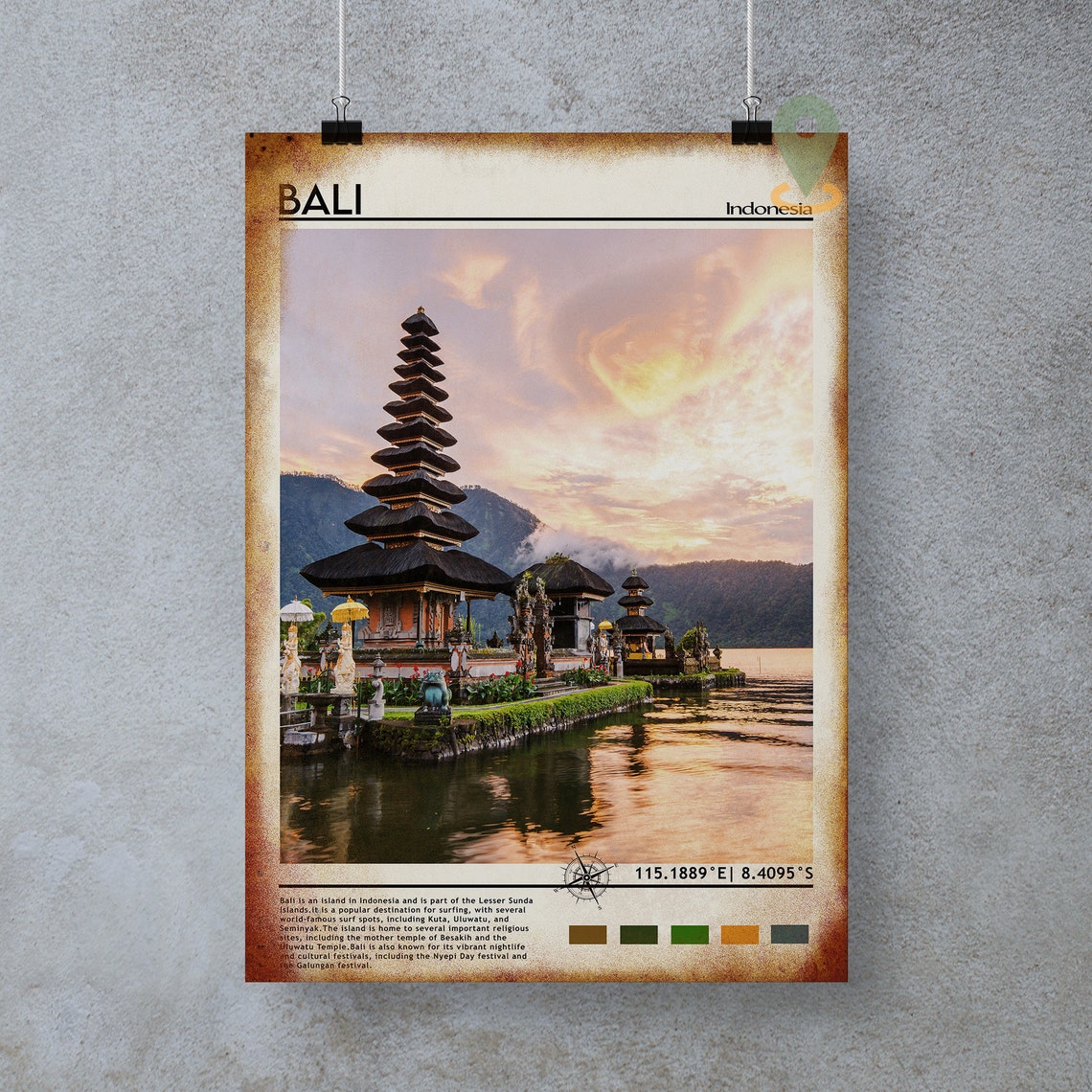 Bali Indonesia Temple Sunset Lake Reflection Tropical Travel Poster - Image 2