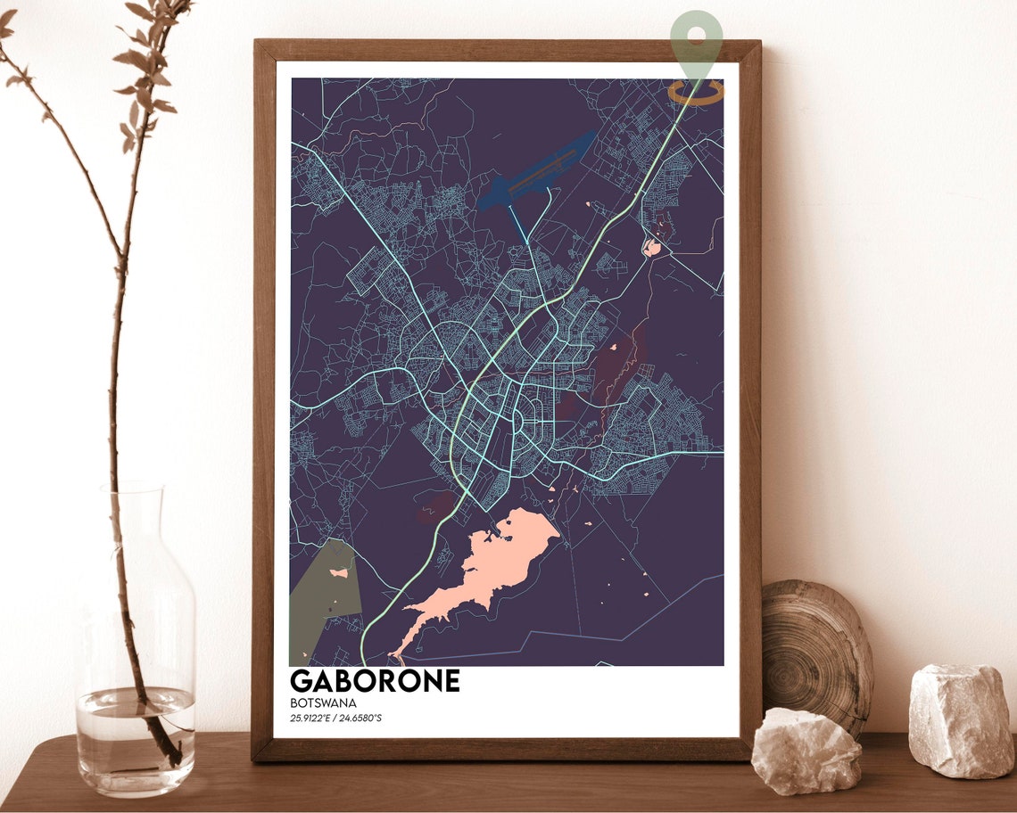 Gaborone Botswana Dark City Map White Streets Blue Water Poster - Image 4