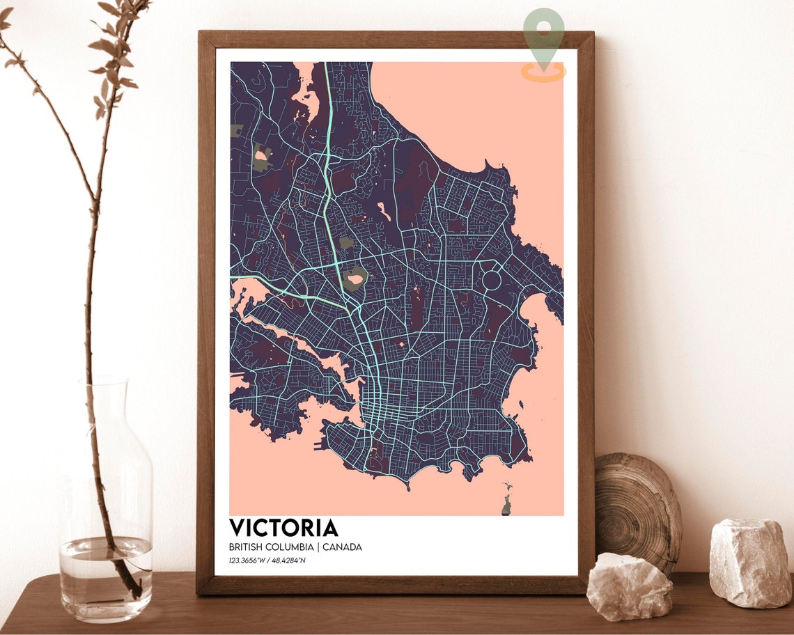 Victoria British Columbia Canada Map Poster Navy Peach Artwork