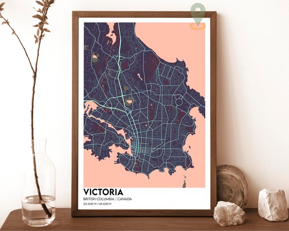 Victoria British Columbia Canada Map Poster Navy Peach Artwork