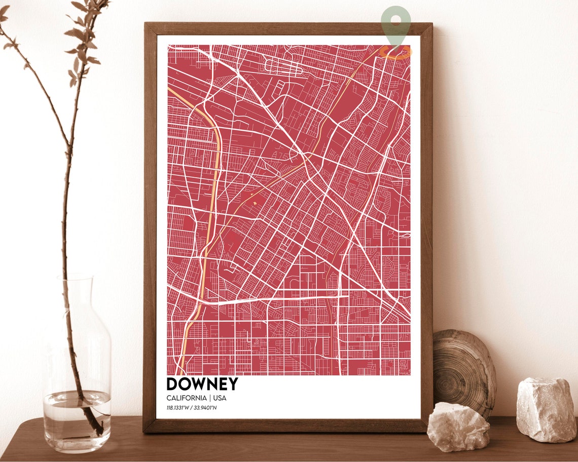Downey California USA Night Teal Neon City Map Street Grid Poster - Image 3