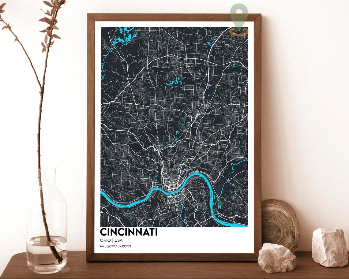 Cincinnati Ohio Street Map Golden Ohio River Navy Blue Grid Art Print - Image 6