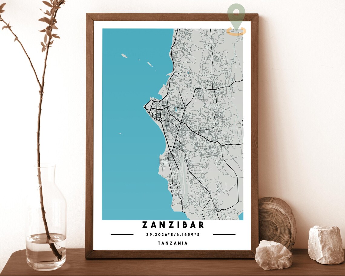 Zanzibar Tanzania Cream Blue Island Street Map Modern Wall Art - Image 4