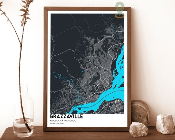 Brazzaville Republic of the Congo Dark Aqua City Map Design Poster