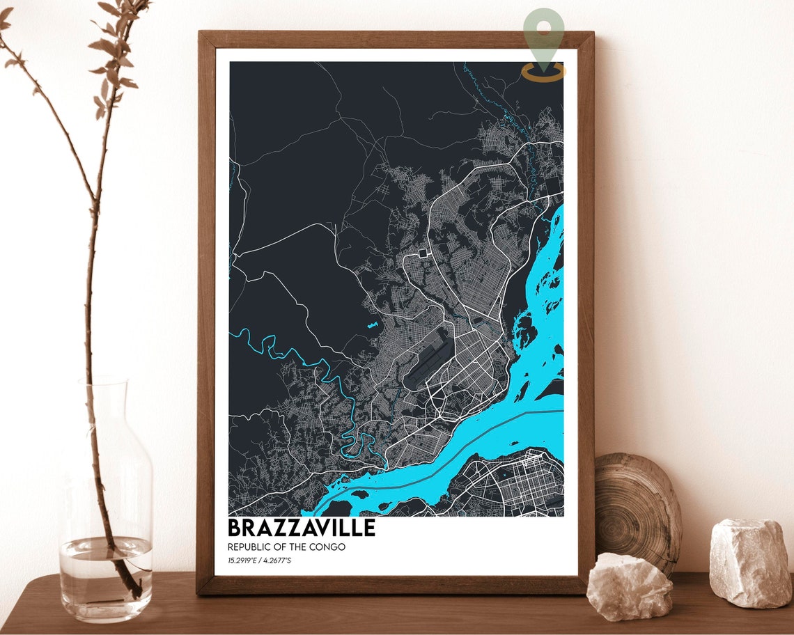 Brazzaville Republic of the Congo Dark Aqua City Map Design Poster