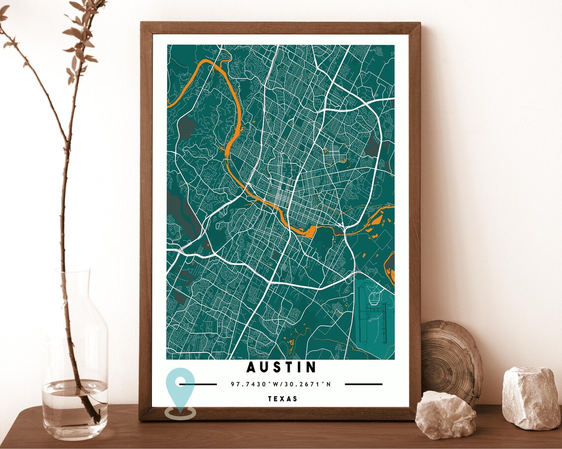 Austin Texas warm beige with a blue river Street Map Coordinates Poster - Image 3