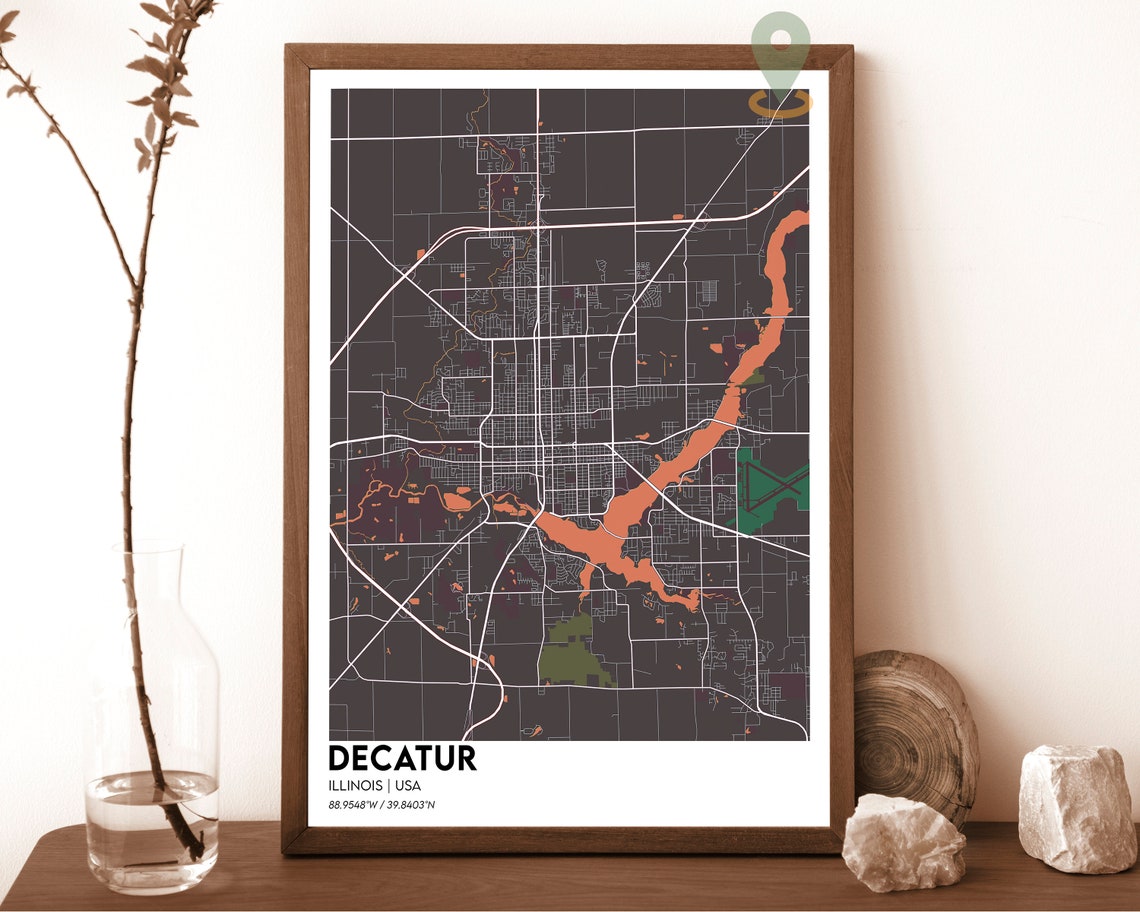 Decatur Illinois Cream Maroon Soft Retro City Map Art Poster - Image 6