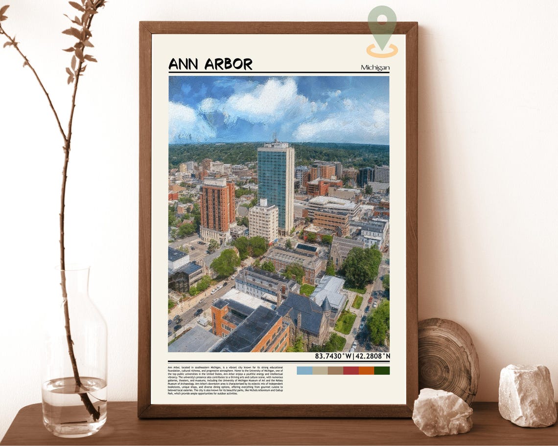 Ann Arbor Michigan Downtown Aerial Summer Skyline Travel Poster