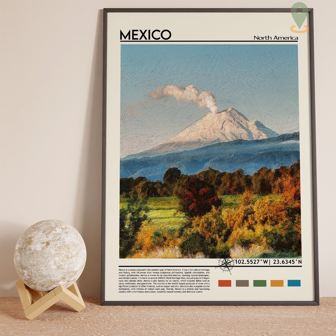 Mexico Smoking Volcano Autumn Hills Painted Landscape Travel Poster - Image 3