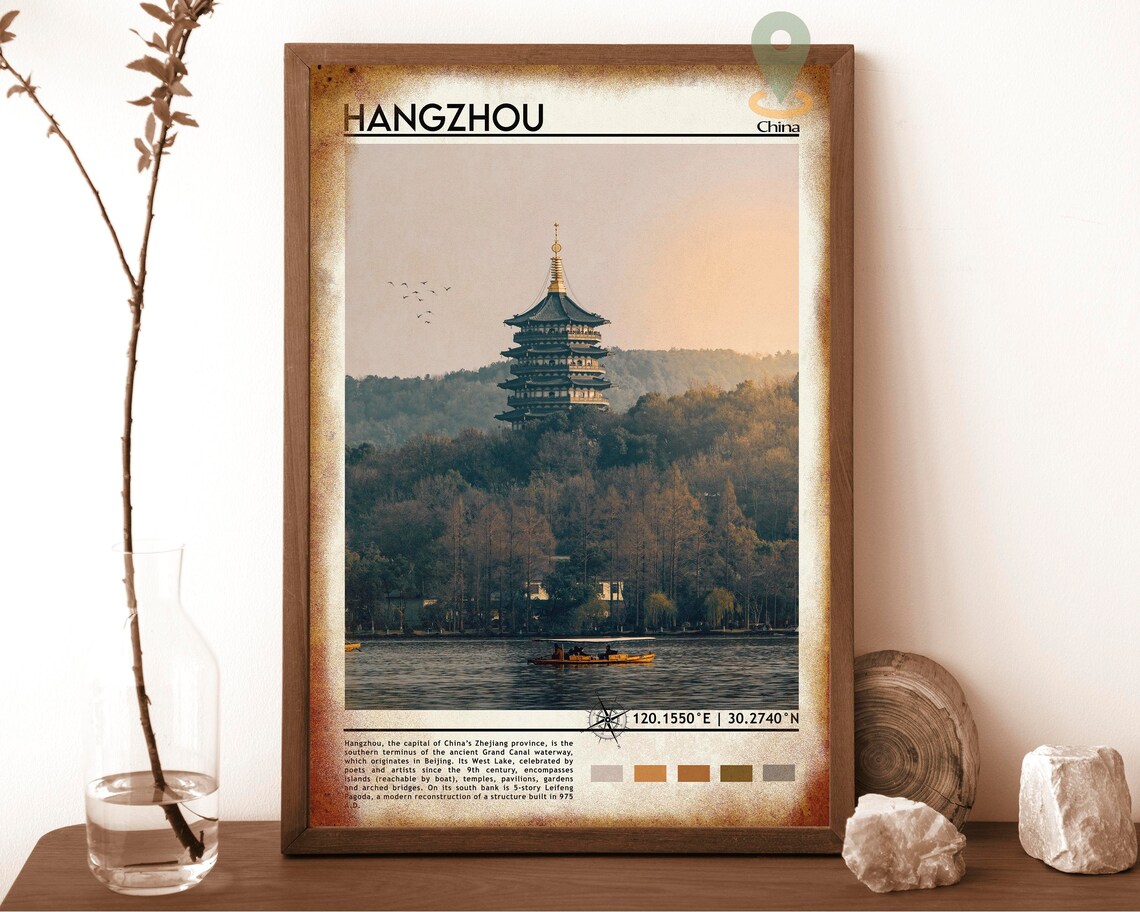 Hangzhou China Leifeng Pagoda West Lake Sunset Travel Poster - Image 6