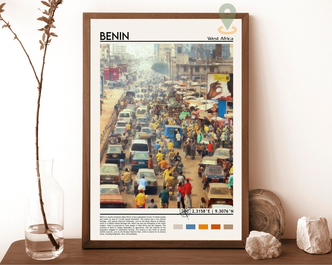 Benin West Africa Bustling Street Market City Life Travel Poster