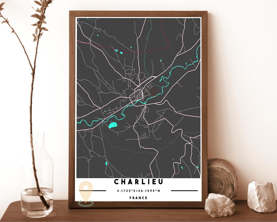 Charlieu France Town Map Cream Minimalist Vintage Street Map Poster - Image 3