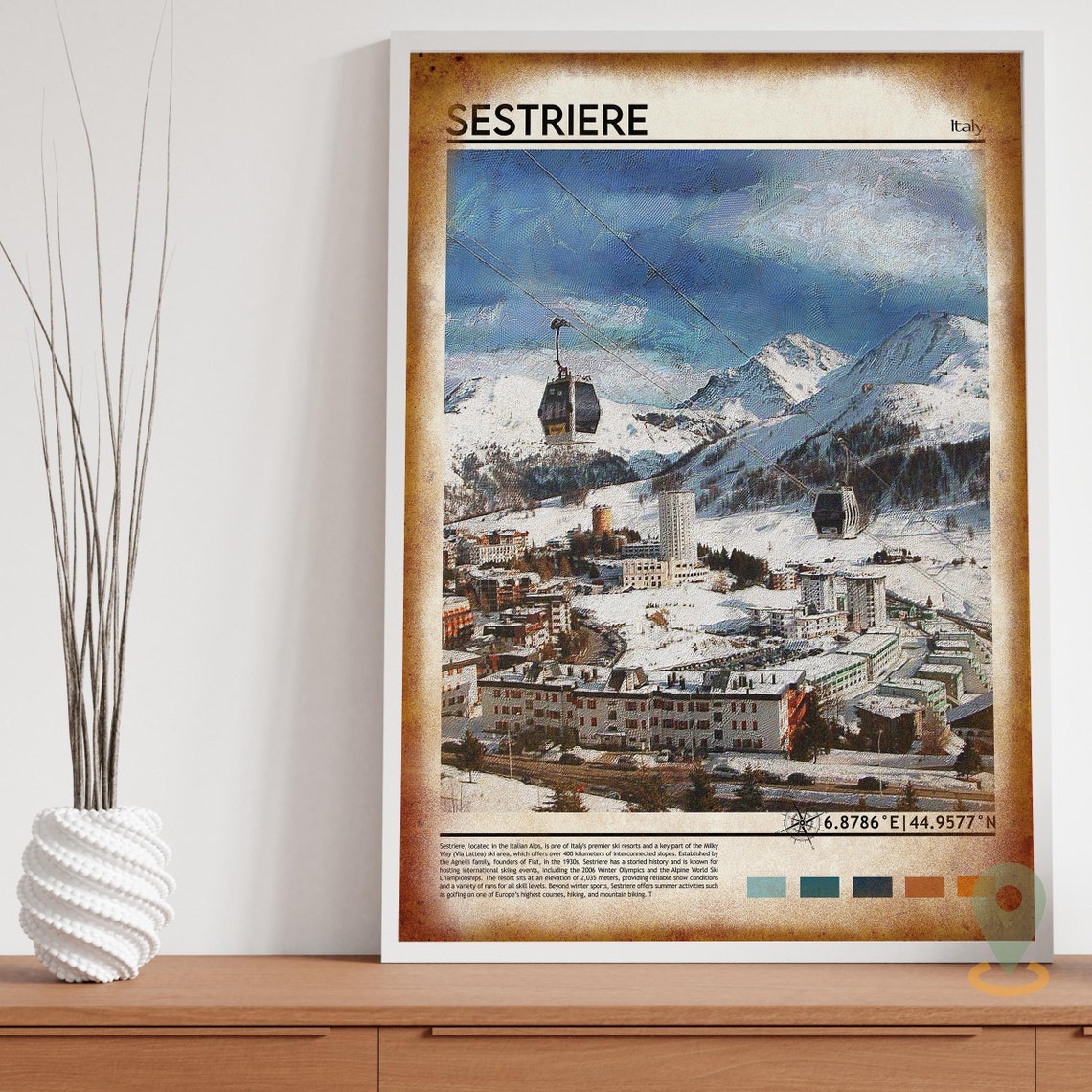 Sestriere Italy Ski Resort Snowy Alps Cable Car Travel Poster - Image 3