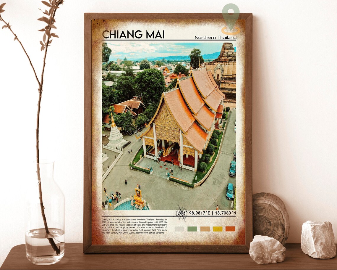Chiang Mai Northern Thailand Golden Temple Aerial View Travel Poster - Image 6