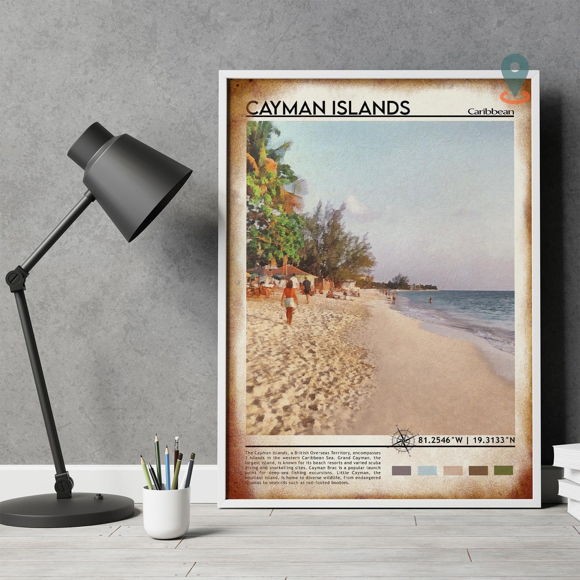 Cayman Islands Caribbean Tropical Painted Beach Scene Travel Poster - Image 5