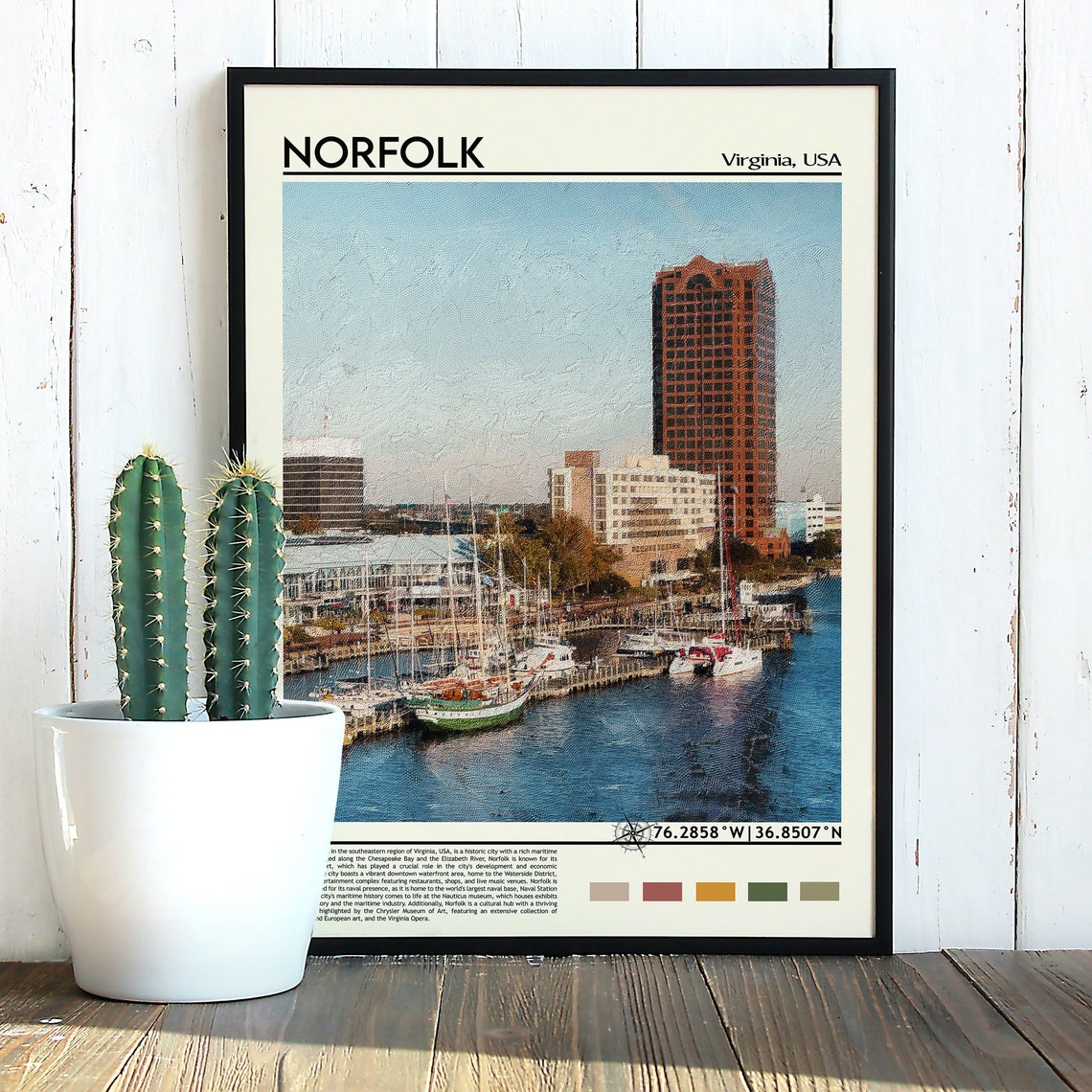 Norfolk Virginia Harbor Marina Skyline Painting Travel Poster - Image 3