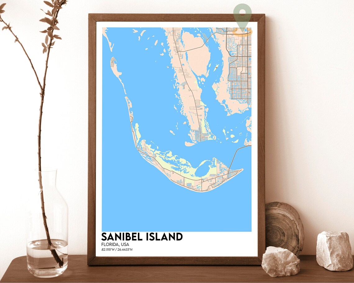 Sanibel Island Florida City Map Poster Peach Navy Coastal Art - Image 4
