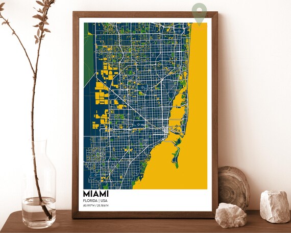 Miami Florida USA Vibrant Bold Navy Yellow City Street Map Poster