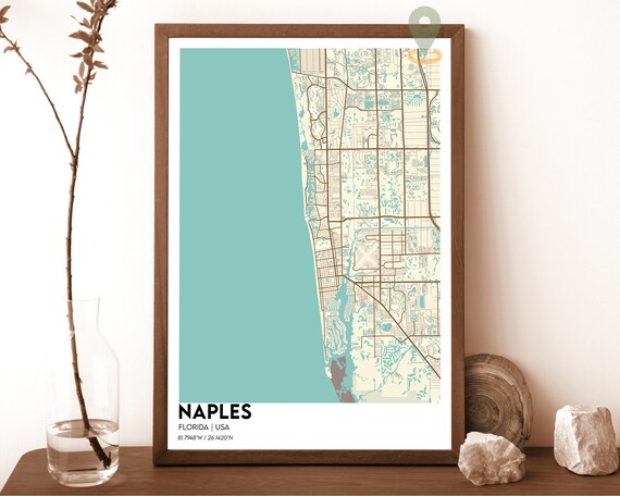 Naples Florida Striking Cream Teal Coastal City Map Art Poster