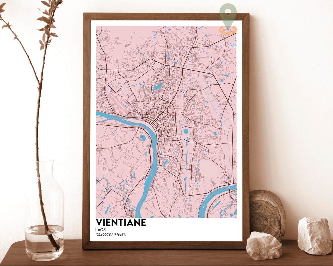 Vientiane Laos City Map Green Golden Mekong River Street Poster - Image 3