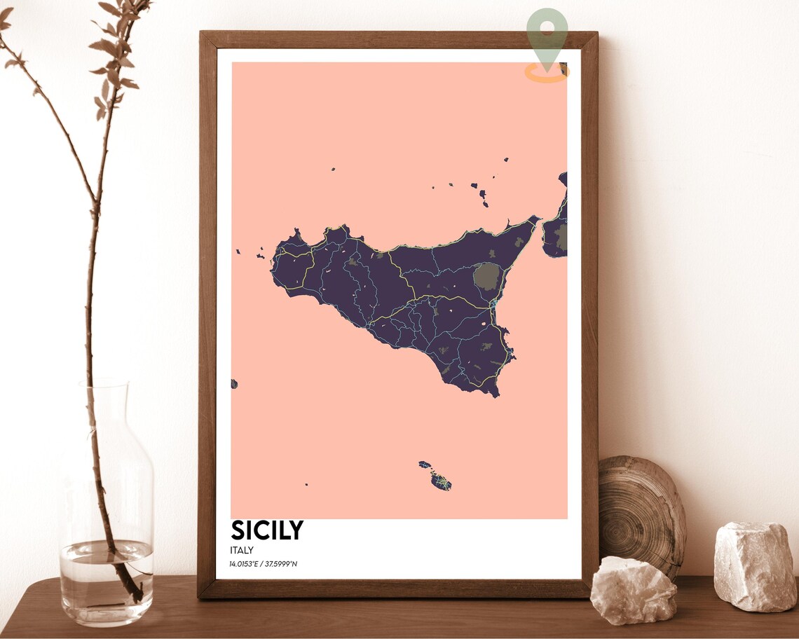 Sicily Italy Island Map Navy on Mustard Yellow Graphic Poster - Image 2