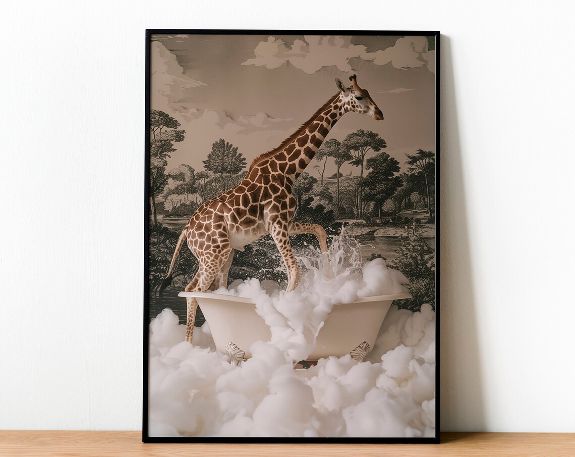 Giraffe In Bathtub, Vintage Bathroom Poster