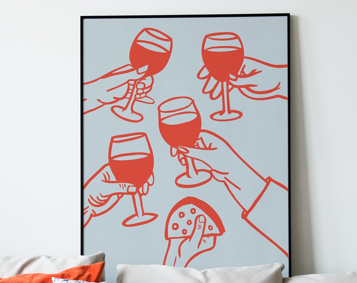 Cheers Red Toasting Hands Wine Glasses Cheese Wedge Pale Blue Poster - Image 3