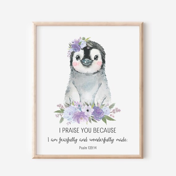 Psalm 139 14 Bible Verse Baby Penguin Sweet Floral Nursery Poster