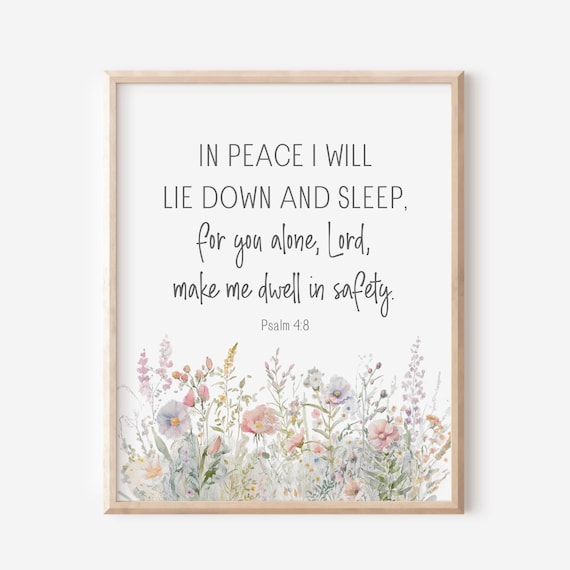 Psalm 48 In Peace I Will Lie Down And Sleep Bible Verse Wall Art Scripture Print Above Bed Christian Gift For Women Watercolor